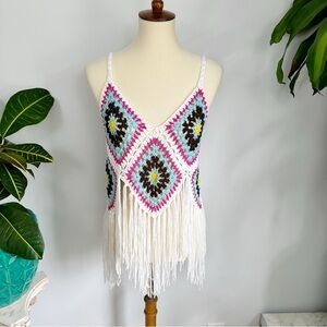 NWOT Boho Crochet Fringe Tank Top, 70’s Festival Inspired Stevie Indie Sleaze